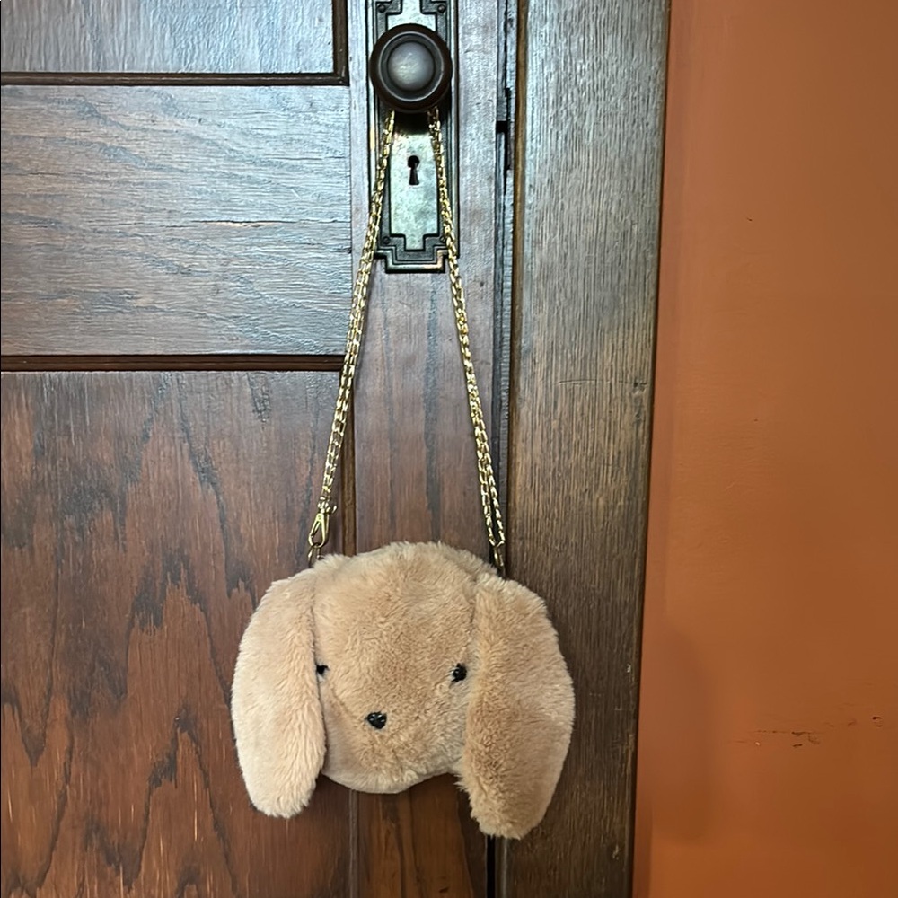 Tan Plush Dog Purse with gold zipper and clasps